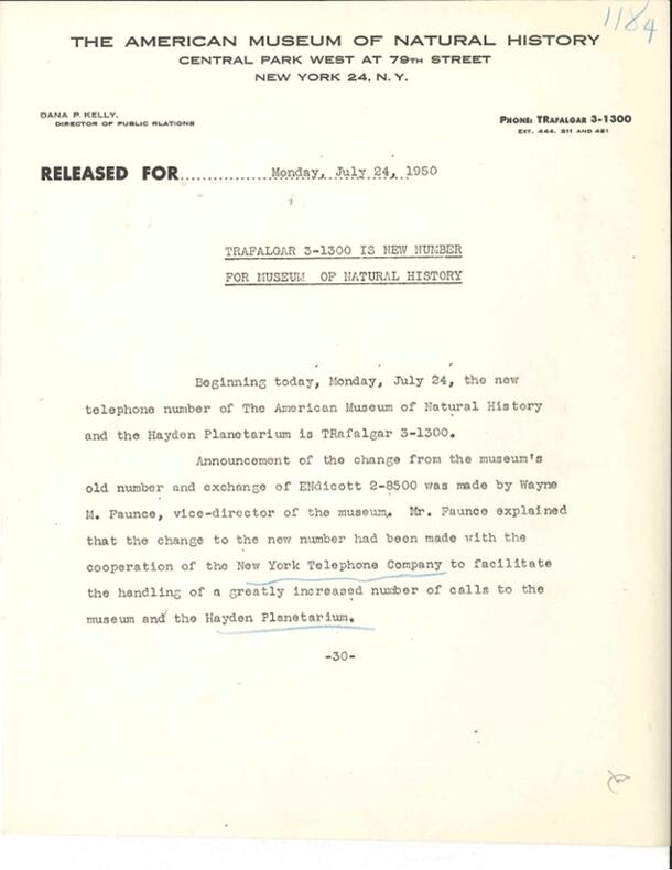 From Central Archives, Press release about new Museum phone number, July 24, 1950