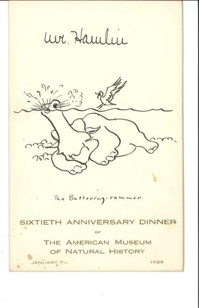 Hand drawn 60th Anniversary Dinner place card, January 7, 1929 - Mr. Hamlin