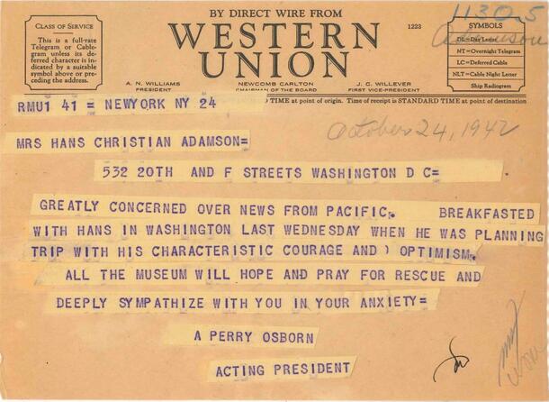 From Central Archives, October 24, 1942 telegram from Acting Museum Director Osborn about situation.
