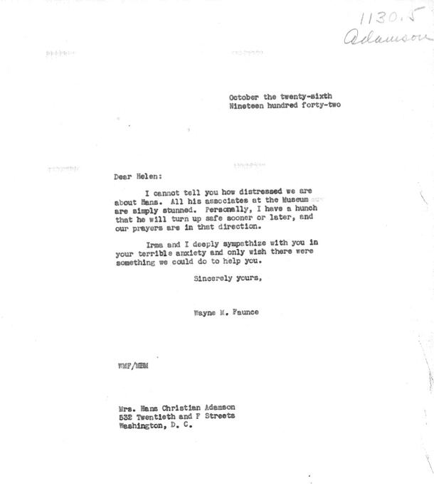 From Central Archives, Oct. 26, 1942 letter from Wayne M. Faunce regarding Adamson's missing status.