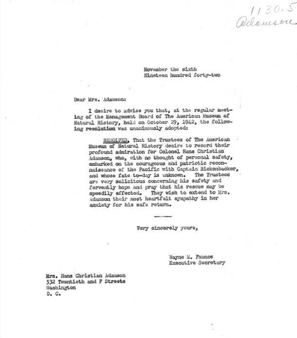 From Central Archives, Nov. 6, 1942 letter describing the resolution of the Trustees in admiration of Adamson's service and actions.