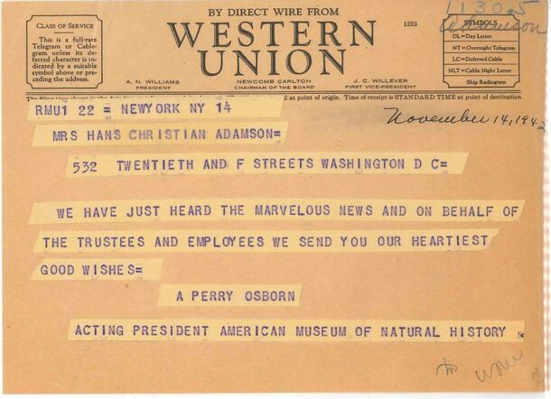 From Central Archives, Nov. 14, 1942 telegram celebrating Adamson's discovery.