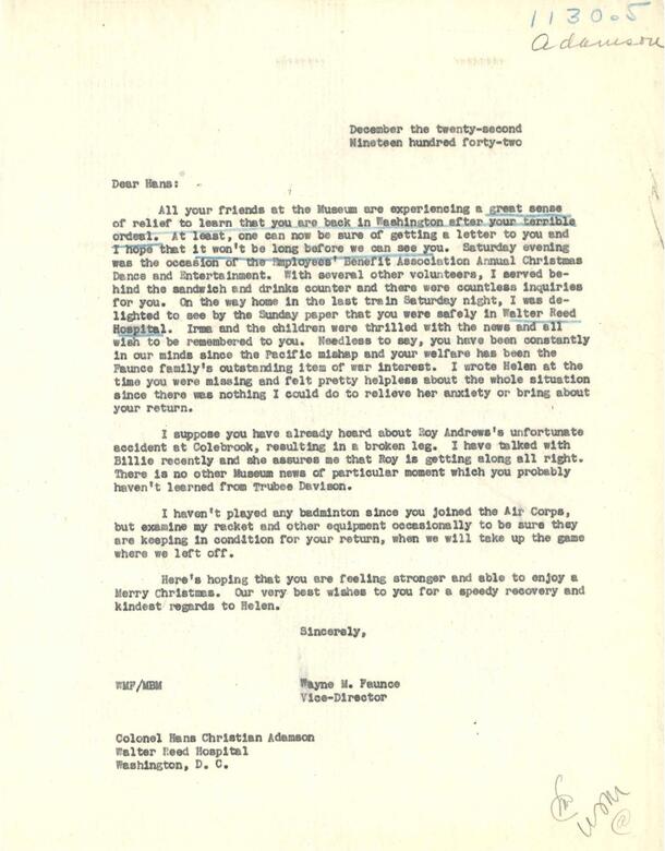 From Central Archives, Dec. 22, 1942 letter from Faunce to Adamson.