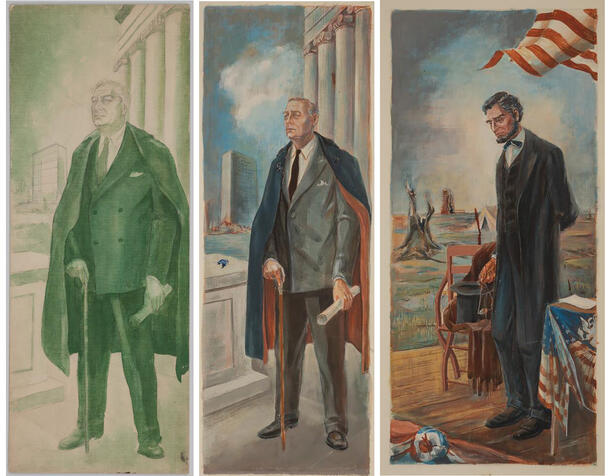 Three paintings side by side, two showing Franklin D. Roosevelt and one of Abraham Lincoln, by Charles Alston