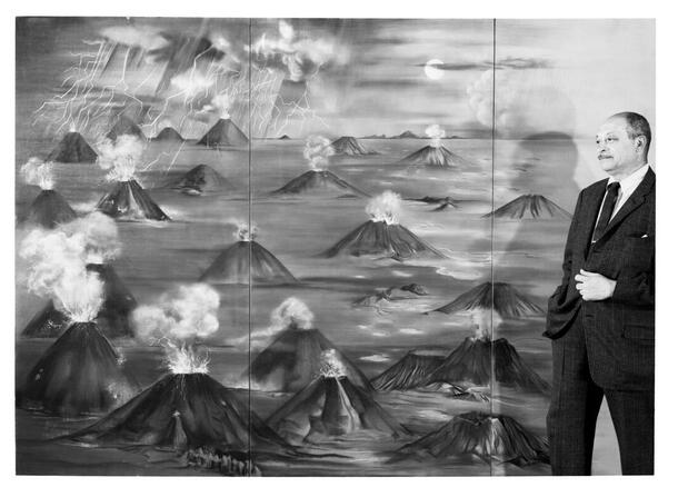 Charles H. Alston with his painting, Study for Origin of Life Mural, Hall of Living Invertebrates, 1964, AMNH Library image: 330136