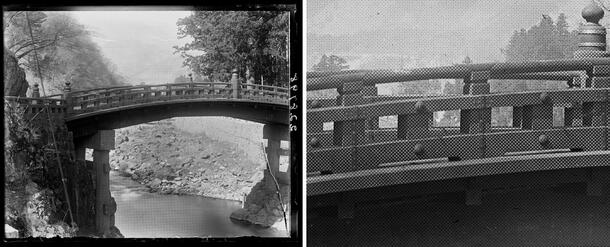 The Red Lacquer Bridge, Nikko, Japan, April 1916. Paget plate (left) and close-up showing pattern from Paget plate process (right)