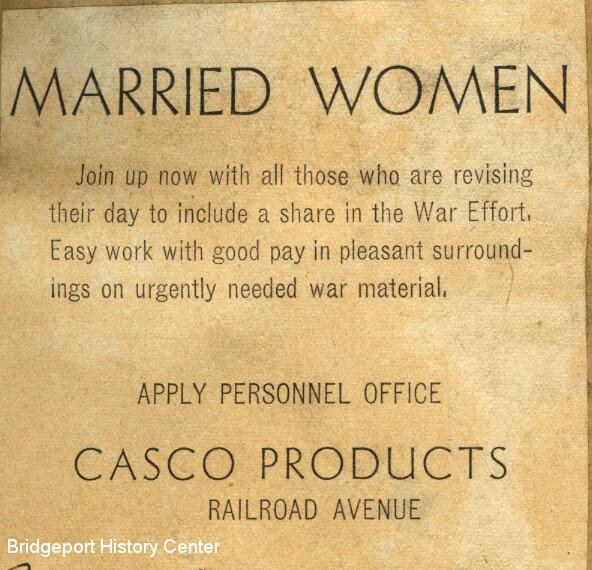 Local Casco Products newspaper notice from 1940s, Bridgeport History Center