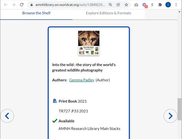 Screen image of “Browse the Shelf” view of bibliographic record in the AMNH Library online catalog.