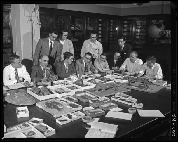 Dr. Edwin H. Colbert with class from Columbia University, Seminar Room, Department of Paleontology, 1957