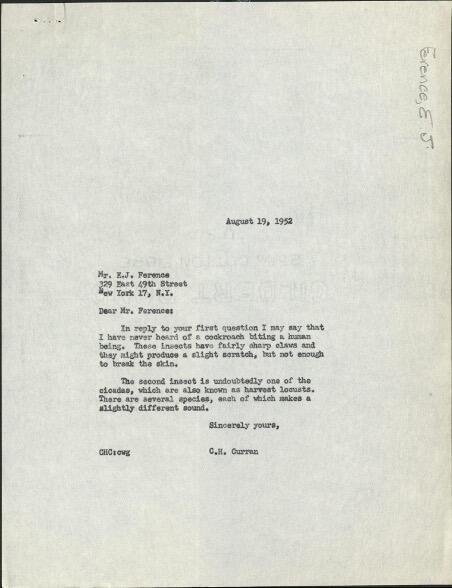 Correspondence from Curran’s collection between Curran and an E.J. Ference from August 1952 concerning insect noises.