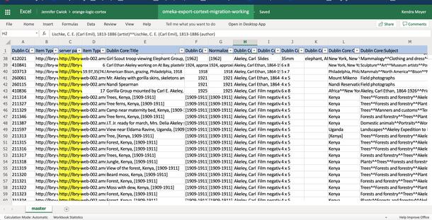 Exported image metadata in an Excel spreadsheet.