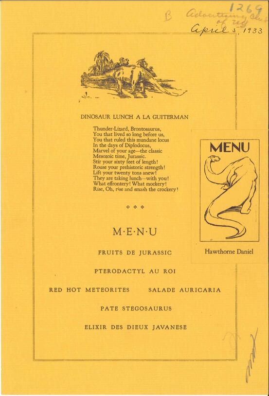 Image of April 1933 menu for 'Dinosaur Lunch'