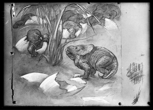 Illustration by Elisabeth Rungius Fulda: Young dinosaurs coming out of their eggs, 1924. AMNH Library Image no.: 108581