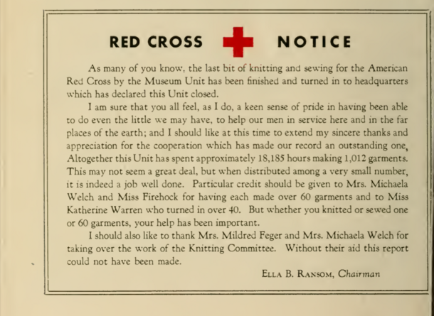 Excerpt from AMNH Grapevine reporting on knitting and sewing by the Museum Unit of the American Red Cross, December 1945