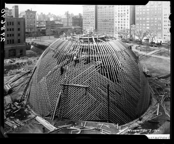 Dome construction, temporary wooden form near completion, Hayden Planetarium