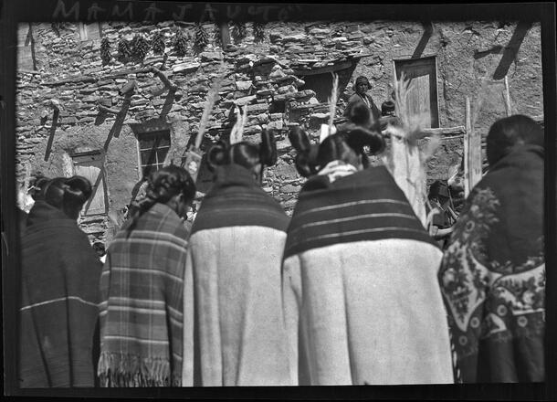 Hopi girls performing the Mamajau'to dance in a Mishongnovi village﻿, Navajo County, Arizona, 1916