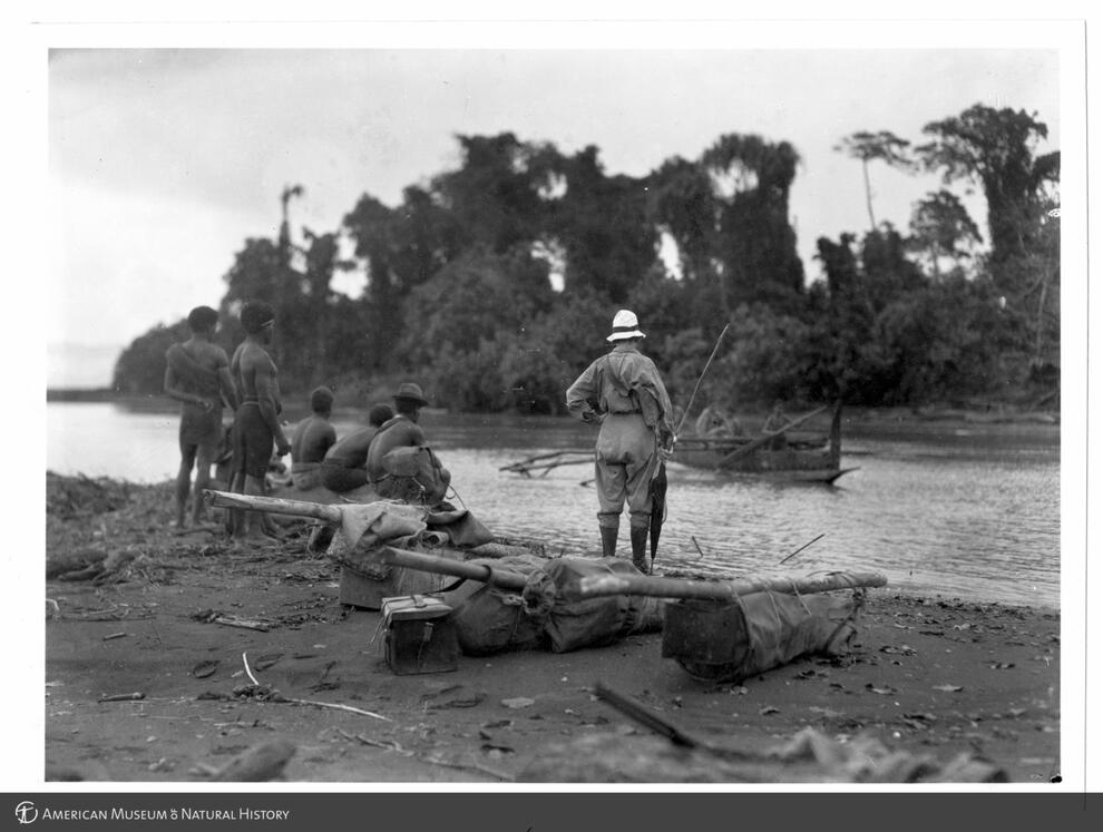 Photograph of Ida May Menzies Beck awaiting a ferry boat at Gogol River, Papua New Guinea, 1928