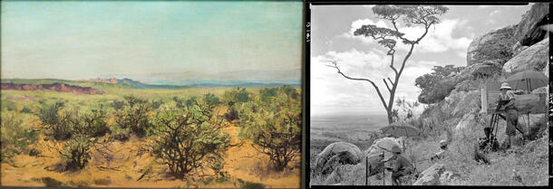 Left: painting, Jansson, Arthur August, 1890-1960. African Mammal Hall background study; Right: photograph, William Leigh studying and painting