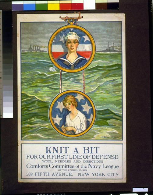 Poster showing in roundels (top) a sailor and (bottom) a woman knitting.