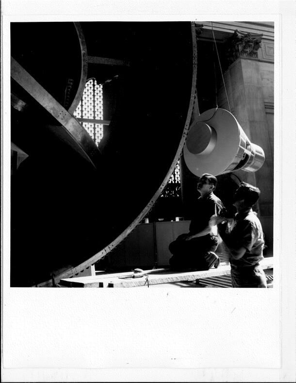 Press release photograph of ARIES model space laboratory installation, Man in Space exhibit, 1961
