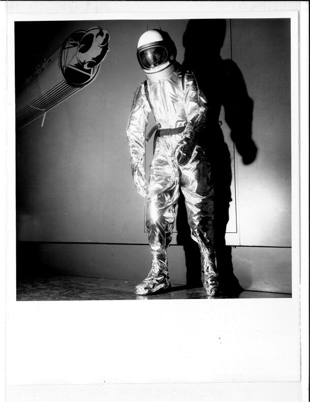 Press release photograph of mannequin in spacesuit, Man in Space exhibit, 1961