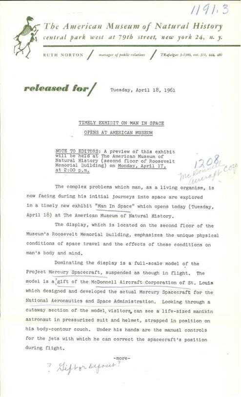 Press release for Man in Space exhibit, April 18, 1961, page 1