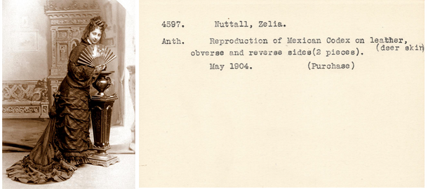 Left: Zelia Nuttall, image via Wikimedia Commons, Right: AMNH Accession card showing purchase of object collected by Nuttall