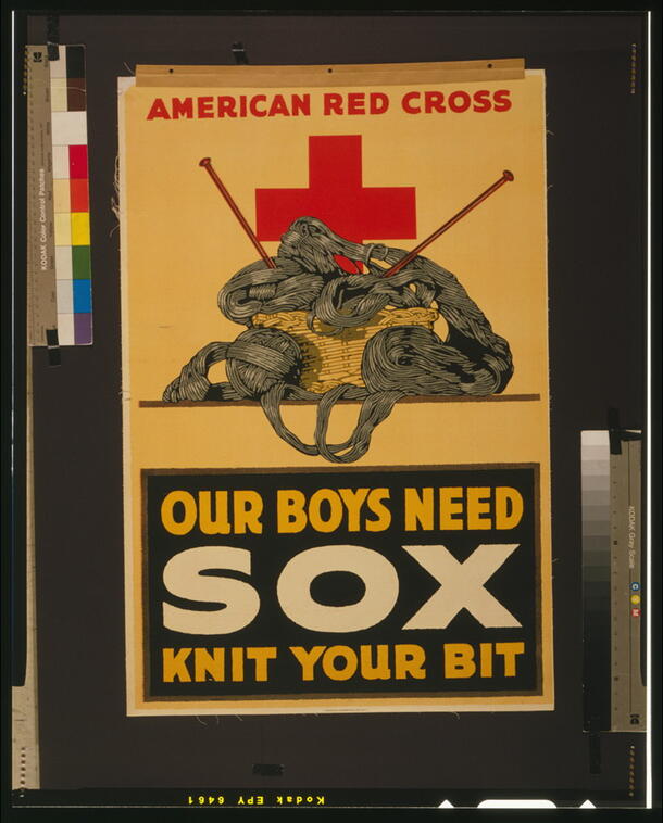Red Cross recruitment poster showing a basket of yarn and knitting needles.