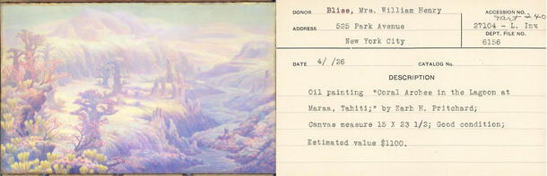 Left: AMNH Museum Archives. RF-93-Aa & RF-94-C: Pritchard, Zarh. Paintings, 1914-1922. Coral Garden in the Lagoon. 1922. Right: Donor Card 27104