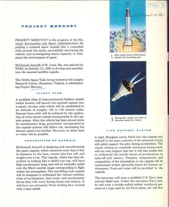 Project Mercury fact sheet, page 2