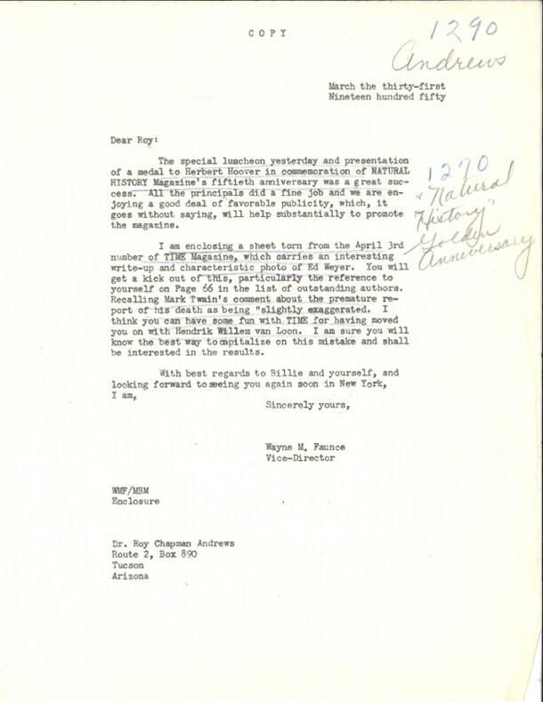 March 31, 1950 letter from Wayne Faunce to Roy Chapman Andrews.