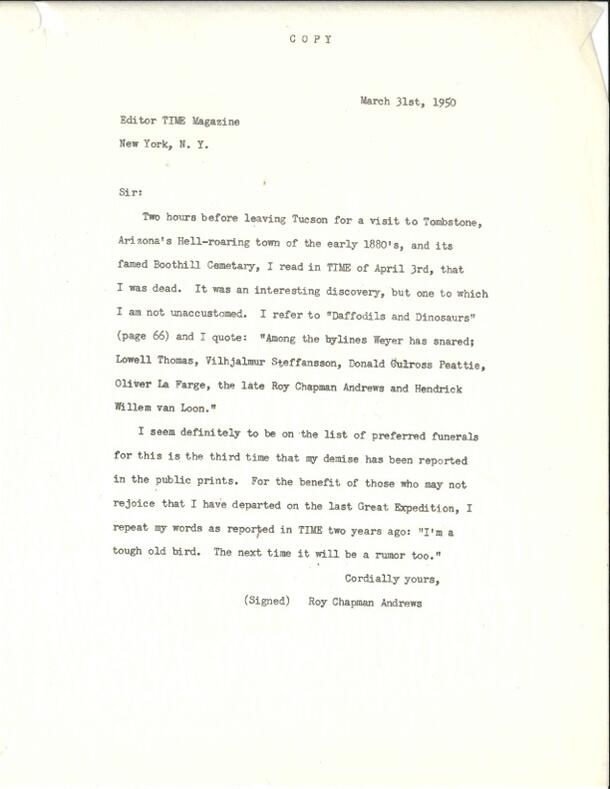 March 31, 1950 letter from Roy Chapman Andrews to the Editor of Time Magazine.
