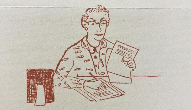 Illustration of Ruth Tyler, Editor of Scientific publications, by Joseph M. Sedacca
