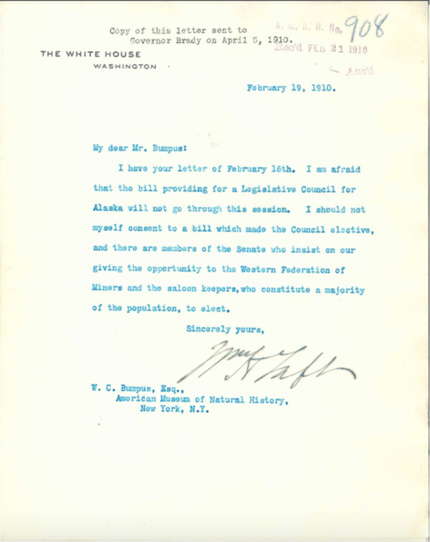 Letter found in Central Archives Collection from President Taft to Museum Director Bumpus. 