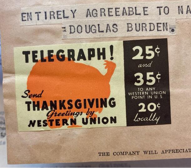 Cropped image of Thanksgiving-themed seasonal Western Union stamp from Central Archives, circa 1940s