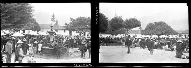 Side-by-side photographs of crowds gathered in the town square near fountain in Caqueza, Colombia, February, 1913.