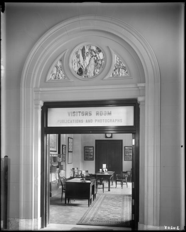 Photograph of the entrance to the Visitors Room, Publications and Photographs, 1913