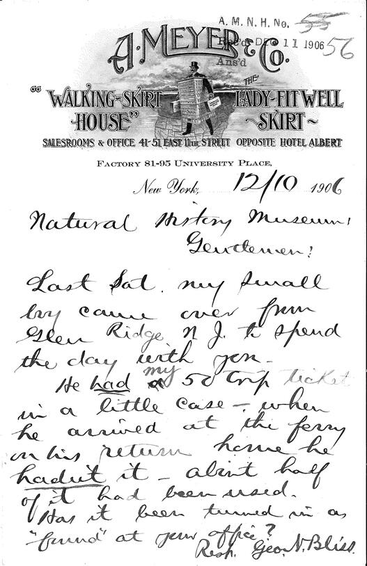 Lost item letter on A. Myer & Co. letterhead. The letterhead boasts the Walking-Skirt House and The Lady-Fit Well Skirt.