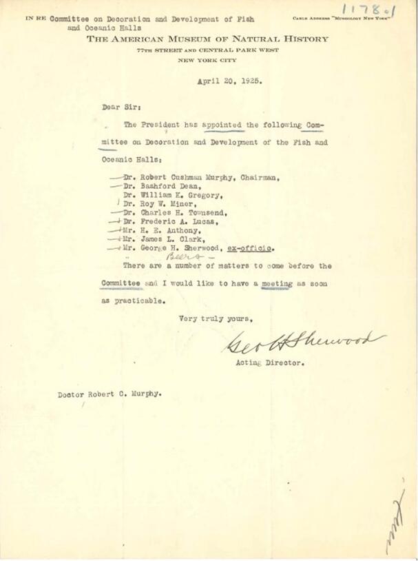 April 20, 1925 letter to Committee for the Decoration and Development of the Fish and Oceanic Halls