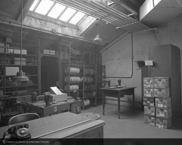 Photograph of the film storage and editing room, School Services, 1968