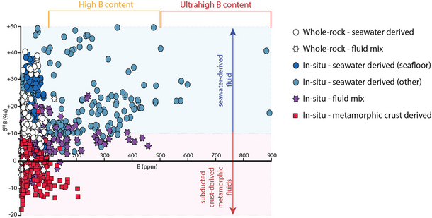 XY chart displays the boron content ranges for whole-rock and in-situ variations.