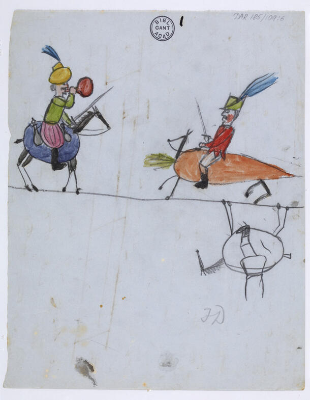 Child's drawing of two men, one astride a purple animal and the other riding a carrot with legs.