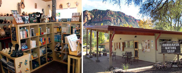 Left photo shows the inside of a store with shelves of books and gifts. Right photo shows the outside of store with sign saying Chiricahua Nature Shop