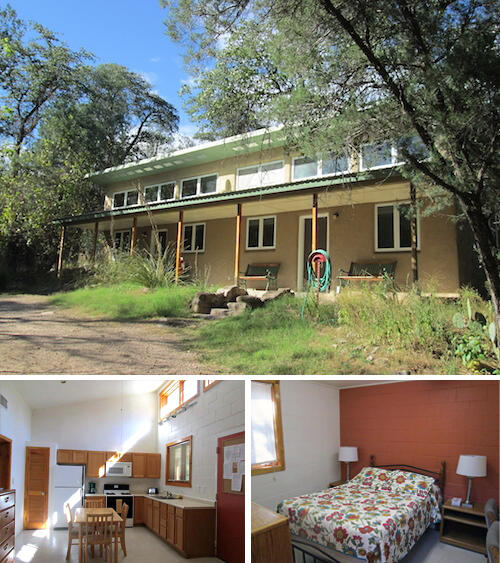 Collage of Duplex. Top picture is from the outside. Bottom photos are of the kitchen and bedroom in one of the rooms.