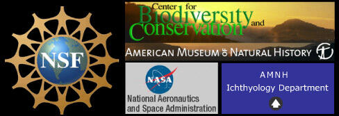 A sign bearing these several logos: N S F, NASA, A M N H Ichthyology Department, and Center for Diversity and Conservation.