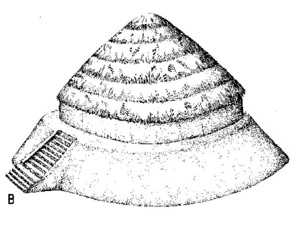 A sketch of pyramid-like structure with steps leading to the first level, which resembles a narrow terrace that runs around the structure.