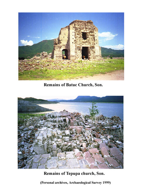 Two photos, each of the remains of a church in Sonora, Mexico. The ruin in the town of Batuc has a standing crumbling brick building. In the town of Tepupa, only bricks on the ground.