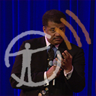 Podcast graphic overlaid on photo of Neil deGrasse Tyson with microphone.
