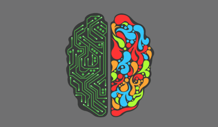 Illustration of two halves of the brain, one side represented by computer circuits.