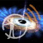 A NASA image of a planet being pulled apart by a black hole, with the museum podcast logo overlaid on top